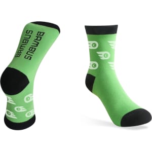 Woven bamboo socks in vibrant green with black accents and a repeat pattern. Features a logo on the design.