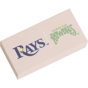 A rectangular white eraser featuring a logo, suitable for writing and drawing.