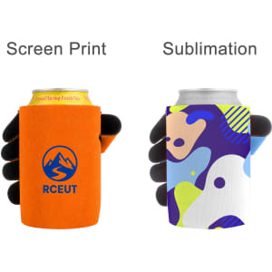 A drink holder featuring an orange design with a logo and a multi-coloured, patterned design. It accommodates beverage cans.