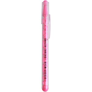 A pink pen featuring a transparent barrel and a logo. The design incorporates a puzzle maze element.