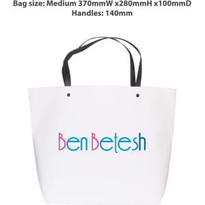 A medium white paper bag with a black handle, featuring a logo in blue and pink text. Dimensions are 370mm x 280mm x 100mm.