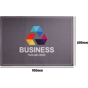A grey floor mat featuring a colourful logo and text, measuring 900mm by 600mm, suitable for office use.