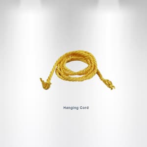 A yellow hanging cord coiled neatly, featuring twisted strands and two knotted ends.