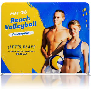 A fabric display wall featuring a vibrant design with blue, yellow, and images of two athletes holding a volleyball.
