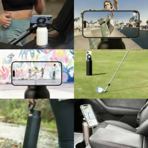 A drink bottle in black stainless steel with a magnetic phone holder, displayed alongside various lifestyle settings.