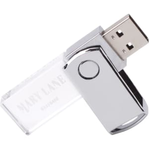 A swivel flash drive with a silver metal finish and a clear crystal casing, featuring a branding logo.