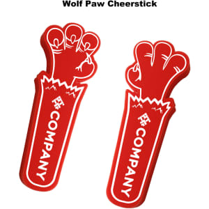 A pair of red foam cheer sticks shaped like wolf paws, featuring a logo on each stick.