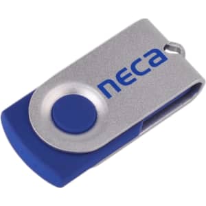 A blue and silver Mini Belton flash drive with a branding logo on the side.