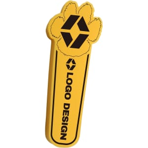 A yellow drink stick shaped like a paw, featuring a logo design on the side.