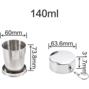 A stainless steel folding cup in a silver finish, featuring dimensions for a 140ml capacity and a compact design.