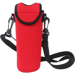 A drink bottle cooler in vibrant red with black accents and a detachable strap. It features a logo on its surface.
