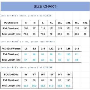 A size chart for T-shirts, detailing measurements for men's, women's, and kids' sizes in centimetres.