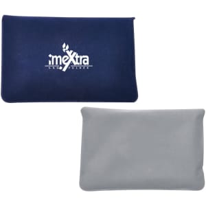 A navy and grey inflatable travel pillow with a logo on one side, featuring a soft texture.