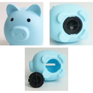 A blue PVC piggy coin bank with a rounded body, a snout, ears, and a removable cap at the bottom.