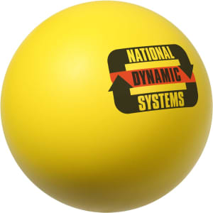 A yellow baseball-shaped stress reliever featuring a logo. Smooth surface suitable for squeezing.