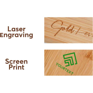 A bamboo surface featuring examples of laser engraving and screen printing with green and brown designs.