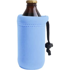A drink bottle holder in light blue, featuring a soft material and a drawstring closure. It includes a logo.