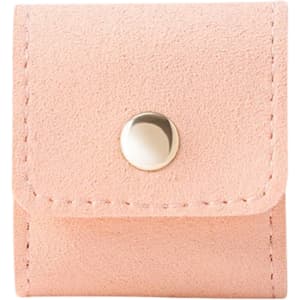 A pink mini synthetic leather jewellery bag with a snap closure and stitching detail. It features a small logo.