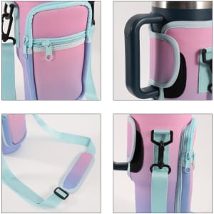 A drink bottle carrier bag in pink and light blue, with a phone pocket and adjustable strap. Features a logo.