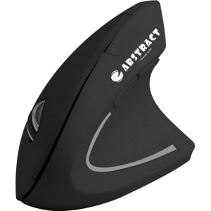 An ergonomic wireless mouse in black with a sleek design, featuring a branding logo.
