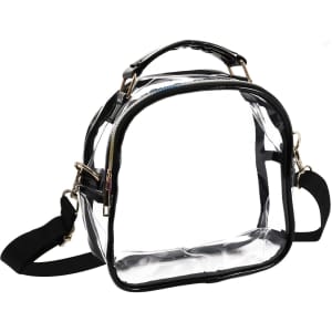 A clear waterproof crossbody bag with a black trim and a detachable strap, featuring a zippered closure and a logo.