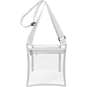 A clear PVC crossbody bag with a white strap and an inner pouch, featuring a zip closure and adjustable strap.