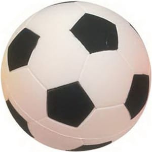 A 98mm football-shaped stress reliever, featuring a classic black and white soccer ball design, with a branding logo.
