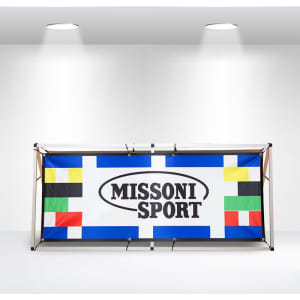 A-frame banner stand featuring a colourful design with geometric shapes and a central logo.