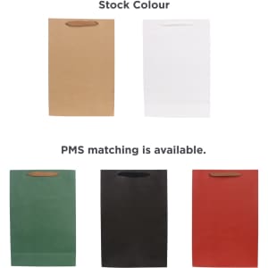 A medium vertical paper bag in brown, white, green, black, and red, featuring fabric flat handles. A logo is present.