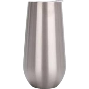 A drink bottle in a sleek silver stainless steel design, featuring a lid and a curved shape.