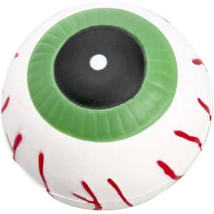 A 63mm stress ball shaped like an eyeball, featuring a green iris and red detailing on a white surface.