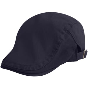 A navy beret hat featuring a soft fabric and a adjustable strap at the back.