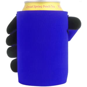 A drink bottle holder in vibrant blue, designed to fit snugly around a can, featuring a hand-shaped grip.