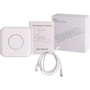 A white 3-in-1 foldable MagSafe wireless charger, accompanied by a user manual and a cable, all in a box.