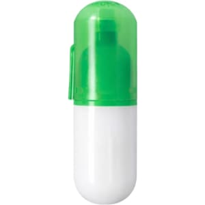 A green and white capsule-shaped highlighter with a clear cap and a smooth body. It features a branding logo.