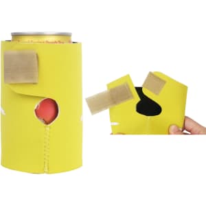 A drink bottle stubby holder in bright yellow with a hole and Velcro tabs for secure fit. Features a logo.