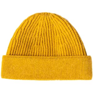 A round beanie in bright yellow, featuring a ribbed texture and a folded cuff at the base.