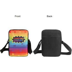 A colourful cross body bag featuring a vibrant rainbow design on the front and a plain black back. It has a logo.