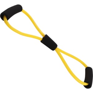 A yellow figure 8 resistance band with black foam handles, designed for exercise and fitness activities.