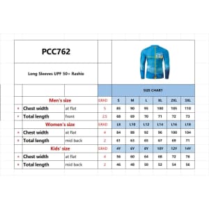 A size chart for a Sublimation Long Sleeves UPF 50+ Rashie featuring a blue design and a logo.