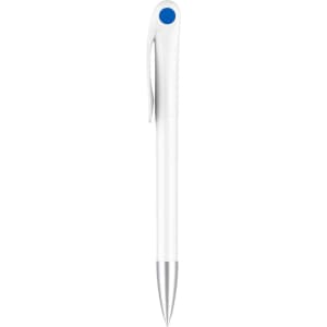 A plastic pen with a creamy white barrel and a blue accent on the clip, featuring a silver tip.
