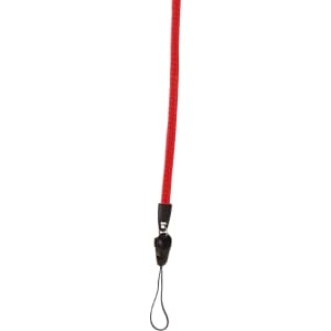 A red zipper lanyard featuring a black clasp at the end, with a PVC tag attachment.