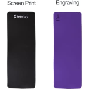 Two yoga mats, one in black with a logo and the other in purple, showcasing different printing options.