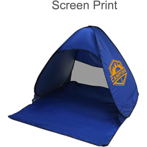 A blue pop-up beach tent with a screen-printed logo, featuring a spacious interior and a simple design.
