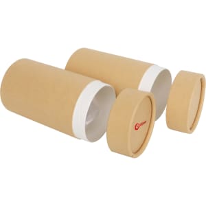 Large cylindrical paper boxes in brown with white ends, featuring a logo on one box.