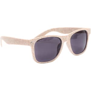 Wheat straw sunglasses in a light beige colour with dark lenses, featuring a simple logo on the side.