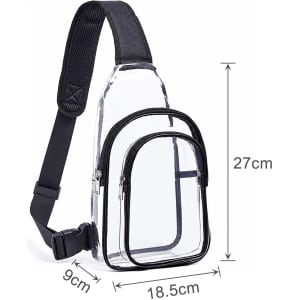 A clear PVC crossbody backpack with a black trim, featuring one zippered front pocket and adjustable straps.