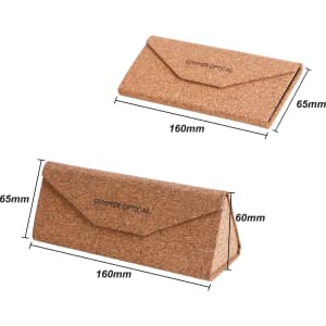 A foldable cork glasses case in natural brown, featuring an embossed logo and a triangular shape when opened.