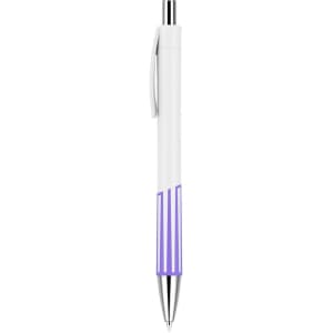 A creamy white pen with purple accents and a shiny silver clip, featuring a logo on the barrel.
