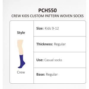 A pair of crew socks in navy blue, designed for kids aged 9-12, featuring a woven pattern.
